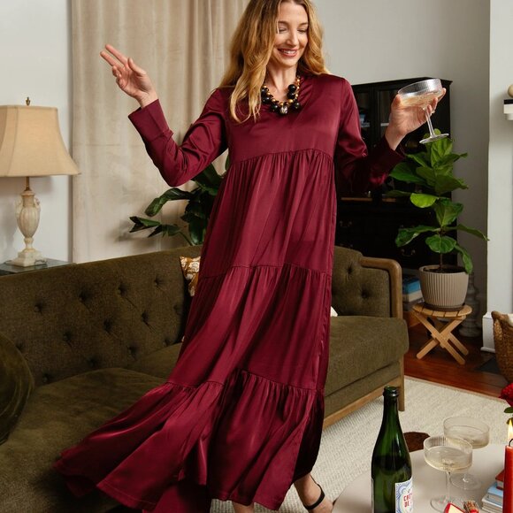 Duffield Lane Myka Midi Dress in Pinot Silky Stretch Satin - Size L - NWT - Picture 1 of 5